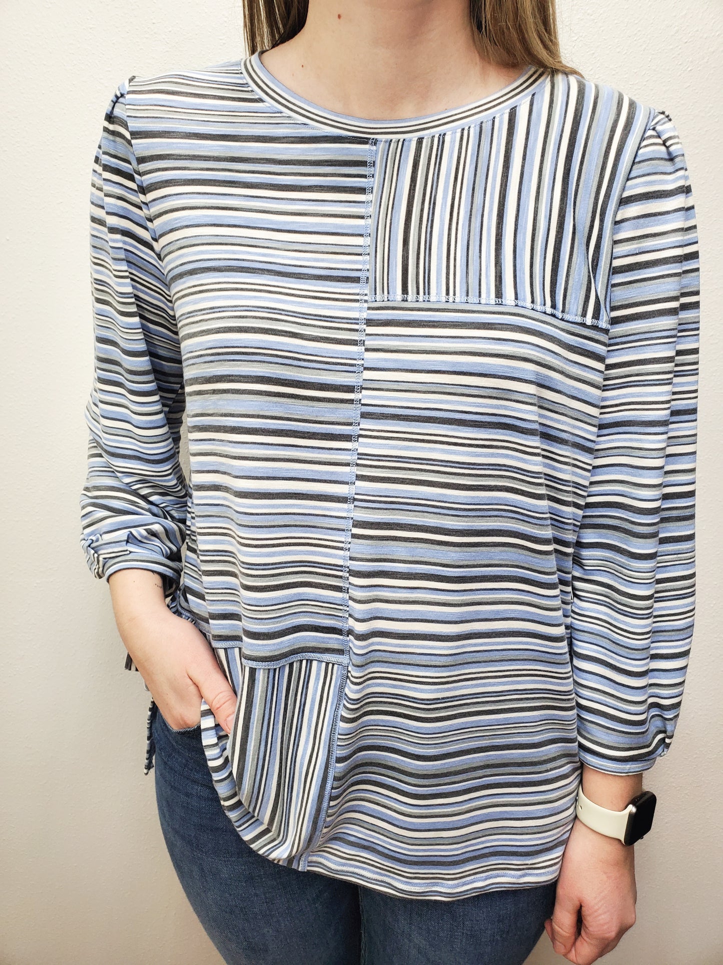 STRIPED MULTI-PANEL TOP - BLUE/GREY MULTI