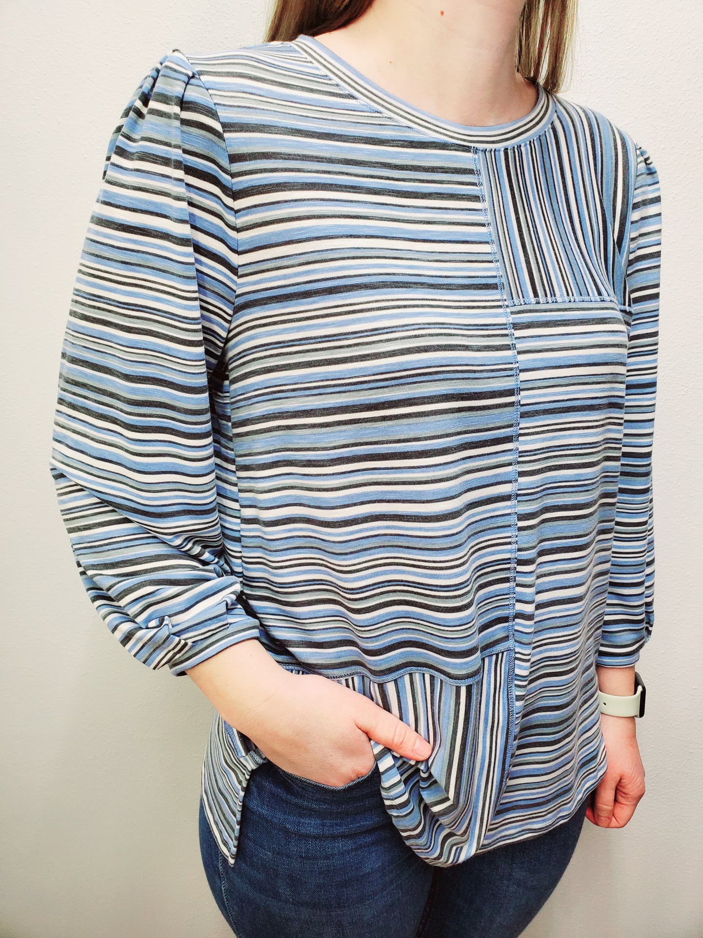 STRIPED MULTI-PANEL TOP - BLUE/GREY MULTI