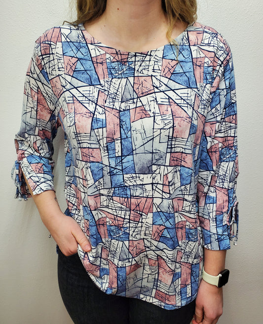 CHARLOTTE ABSTRACT PRINT TOP - MAUVE/DUST/BLUE