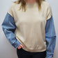 OLIVIA CONTRAST SWEATER TOP - OATMEAL/DENIM