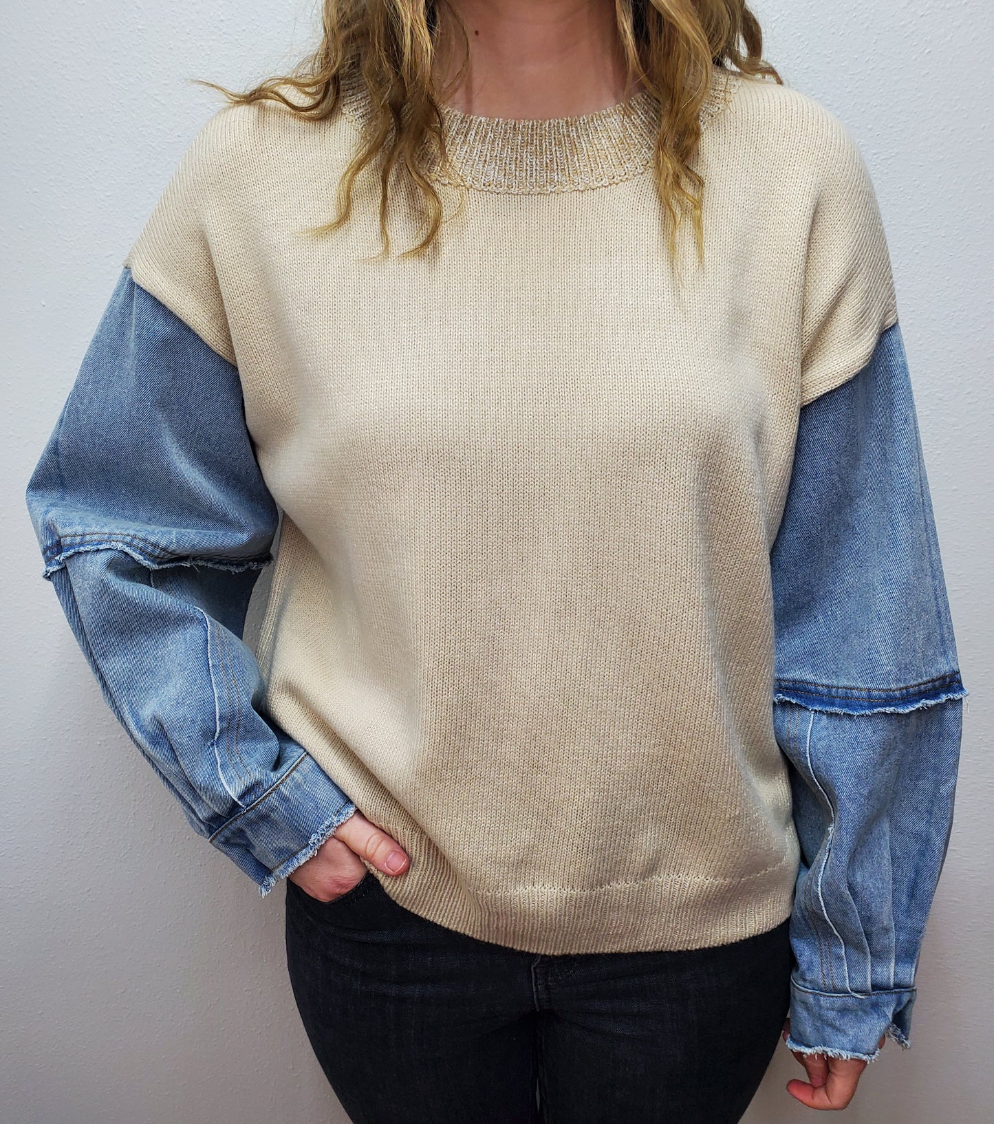 OLIVIA CONTRAST SWEATER TOP - OATMEAL/DENIM