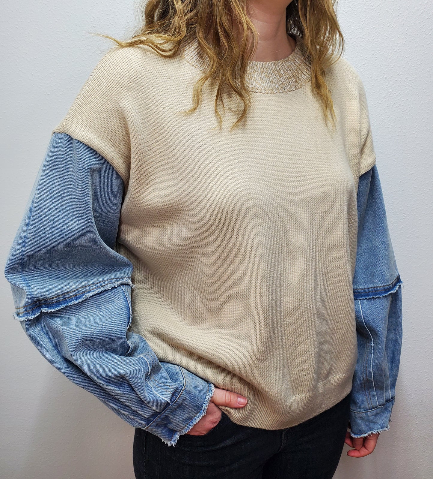 OLIVIA CONTRAST SWEATER TOP - OATMEAL/DENIM