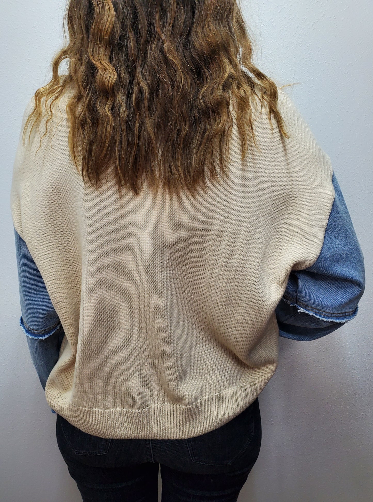 OLIVIA CONTRAST SWEATER TOP - OATMEAL/DENIM