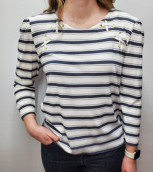 LACE UP STRIPE KNIT TOP - OFF WHITE/NAVY