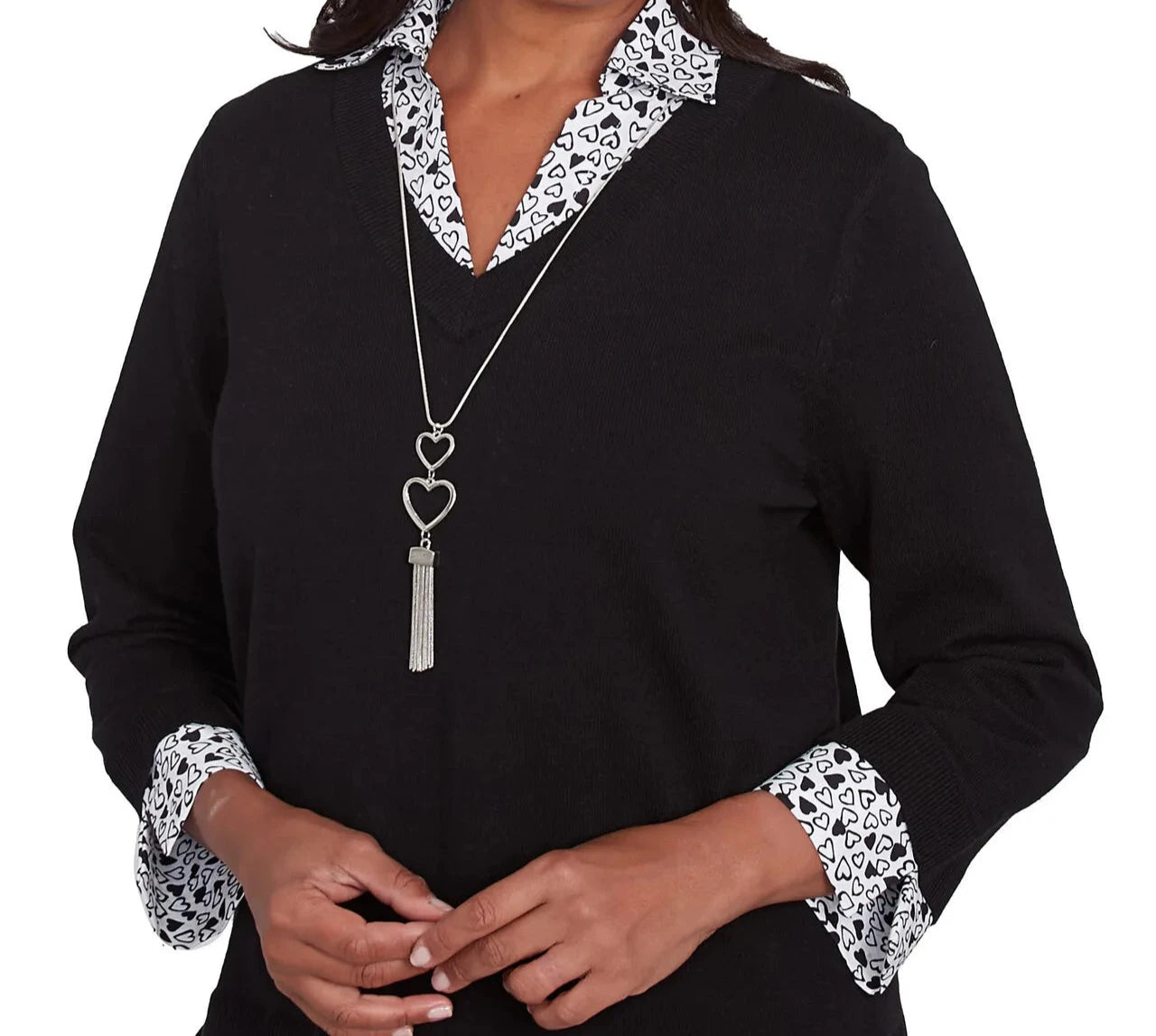 HEART TRIM 2-IN-1 SWEATER - BLACK/WHITE