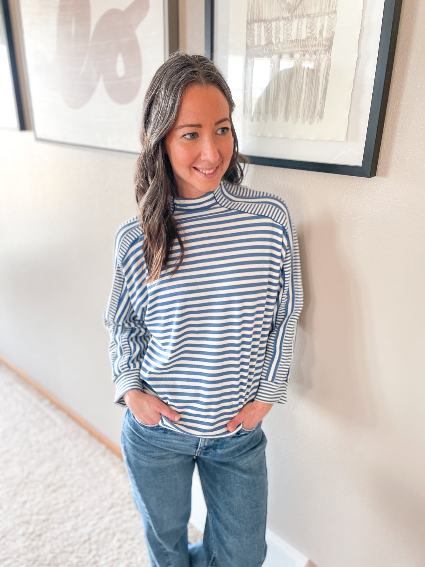 BLOCKED STRIPE KNIT TOP - BLUE/OFF WHITE