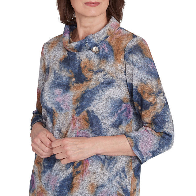 ABSTRACT WATERCOLOR COWL NECK TOP - BLUE MULTI