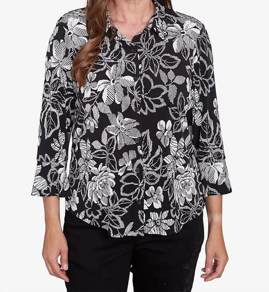 PUFF PRINT BUTTON DOWN TOP - BLACK/WHITE