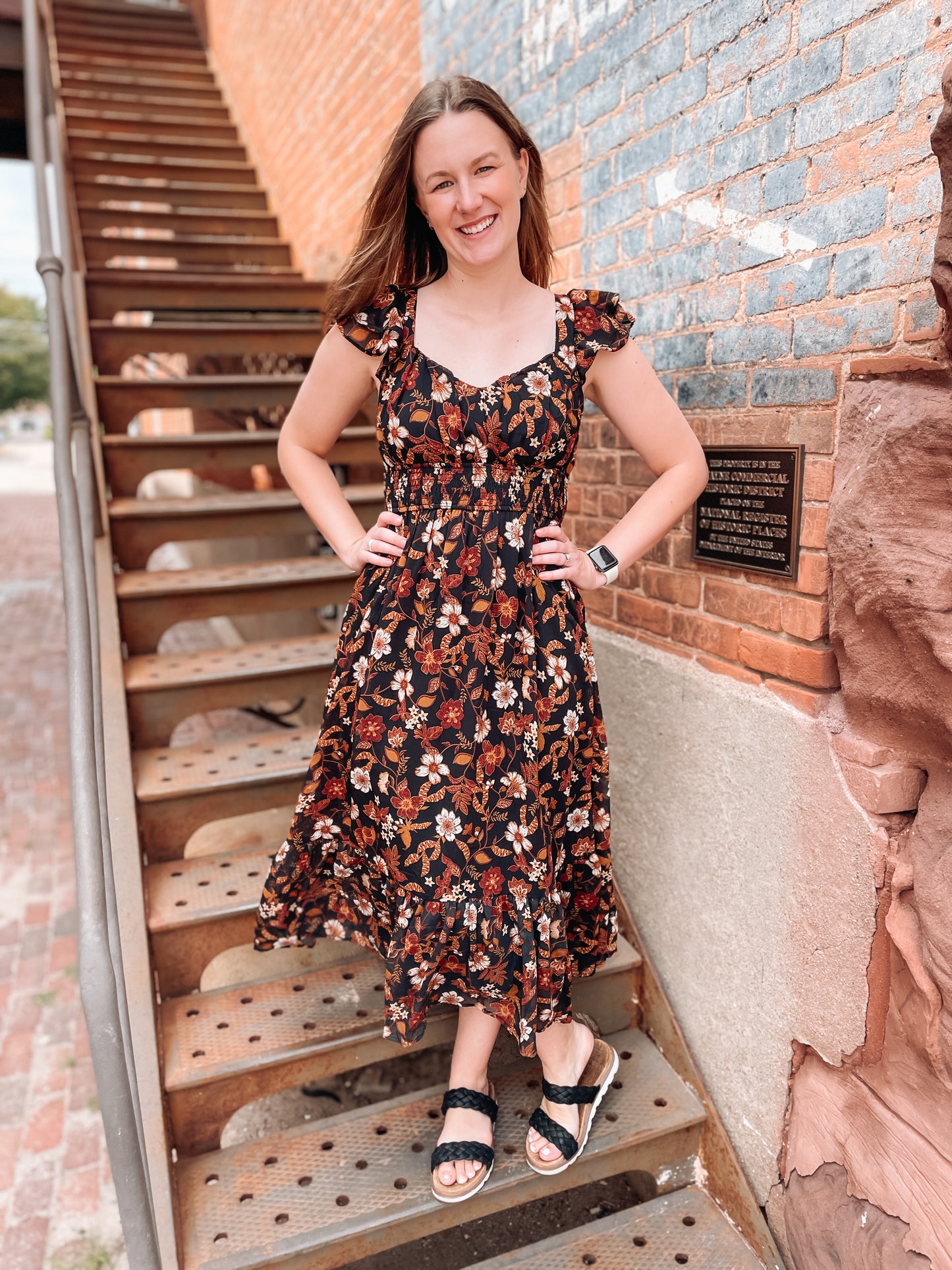 FALL FLORALS MIDI DRESS - BLACK/GOLD MULTI