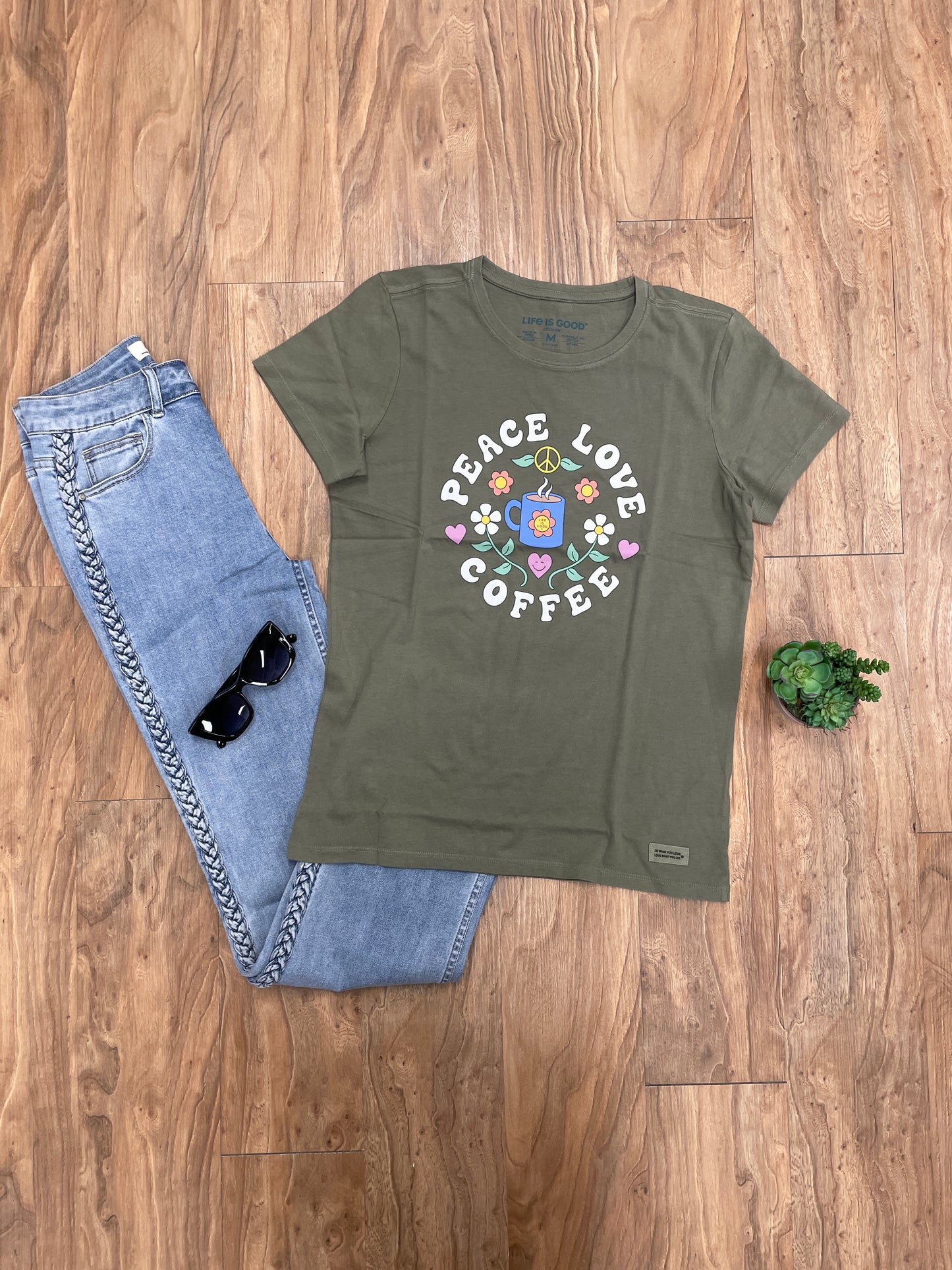 LIFE IS GOOD PEACE LOVE COFFEE TEE - MOSS GREEN