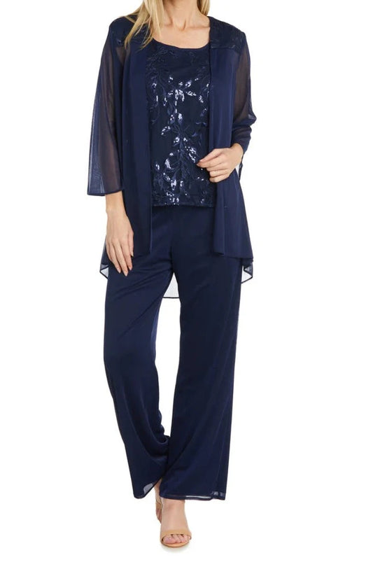 THREE-PIECE PANT SUIT WITH EMBELLISHED JACKET - NAVY