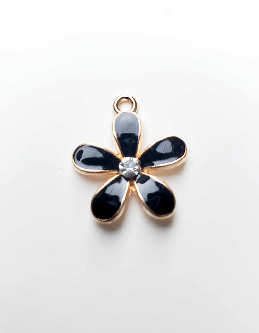 LARGE BLACK FLOWER W/RHINESTONE INSET CHARM - GOLD