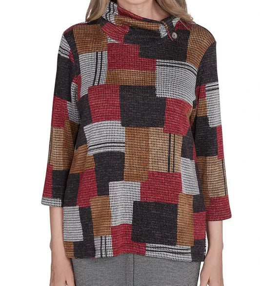 HOUNDSTOOTH PATCHWORK COWL NECK TOP - RED/GOLD/BLACK