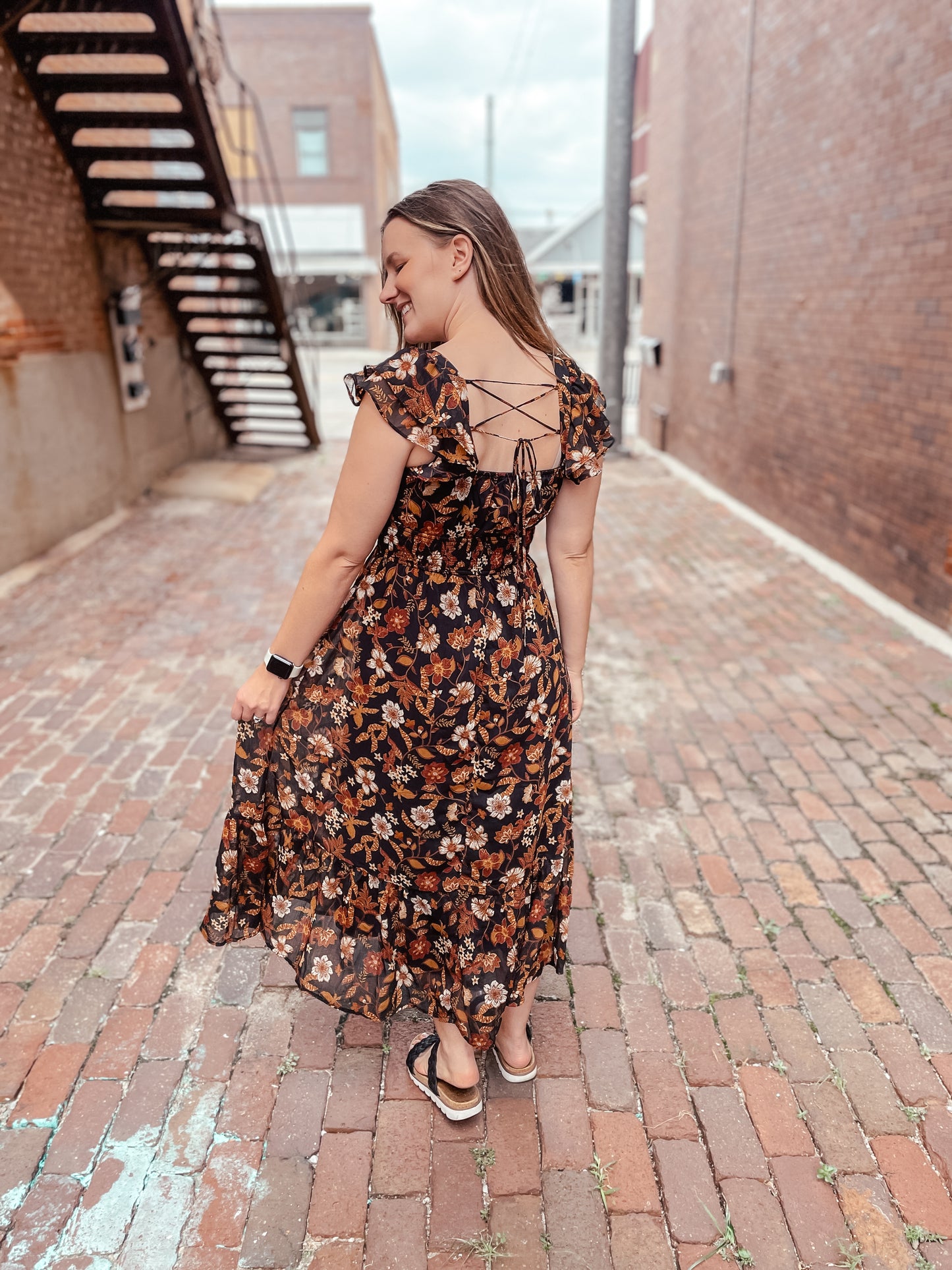 FALL FLORALS MIDI DRESS - BLACK/GOLD MULTI