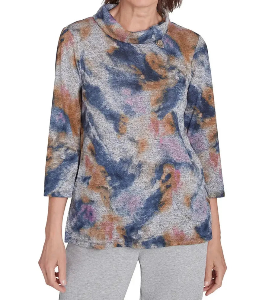 ABSTRACT WATERCOLOR COWL NECK TOP - BLUE MULTI