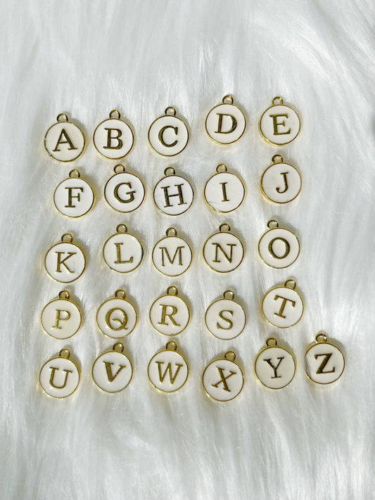 SMALL WHITE CIRCLE INITIAL CHARM - GOLD