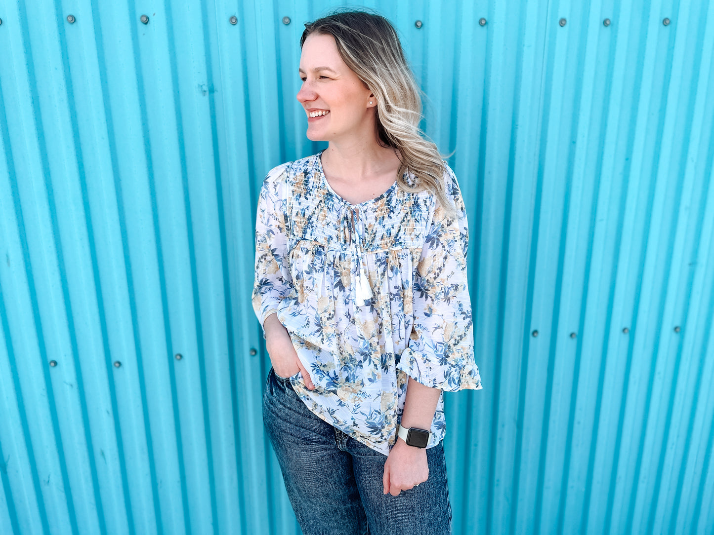 BY THE BEACH SMOCKED TOP - WHITE/BLUE/YELLOW