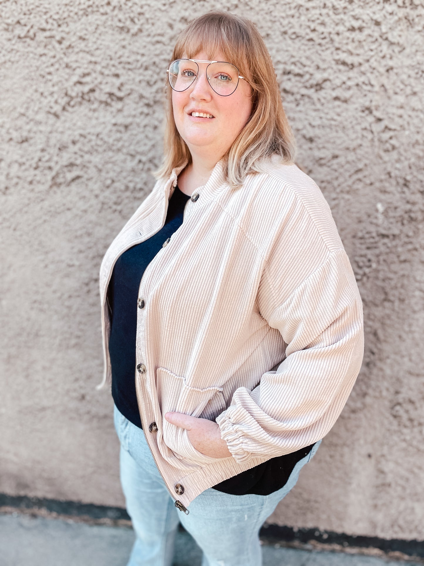 WASHED CORDUROY JACKET - CREAM - CURVY