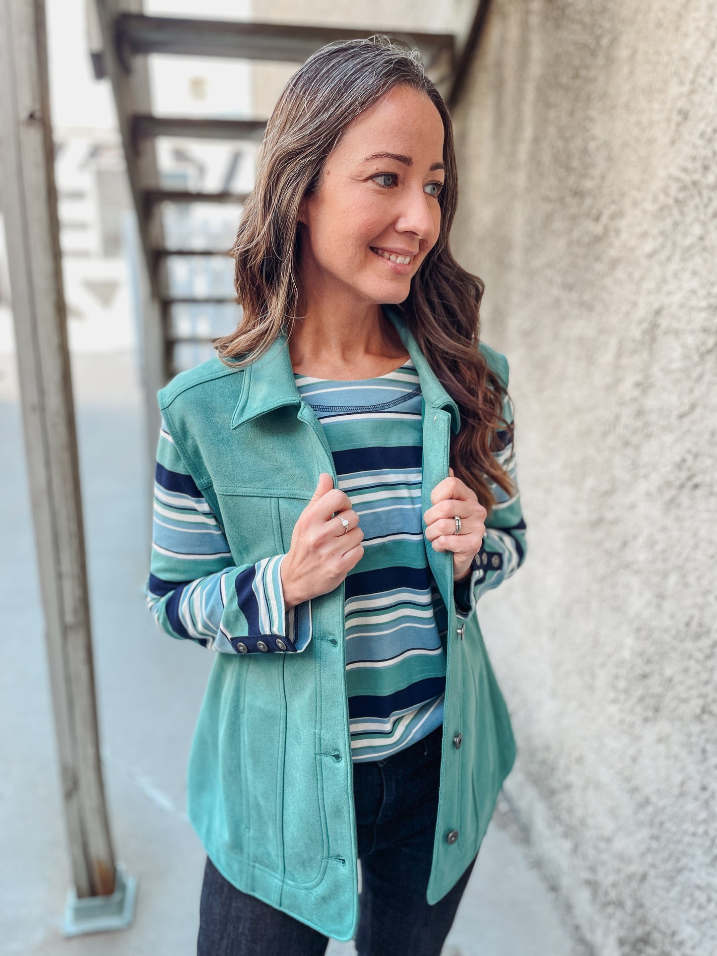 VIEWFINDER STRIPED TOP - NAVY/GREEN/LIGHT BLUE