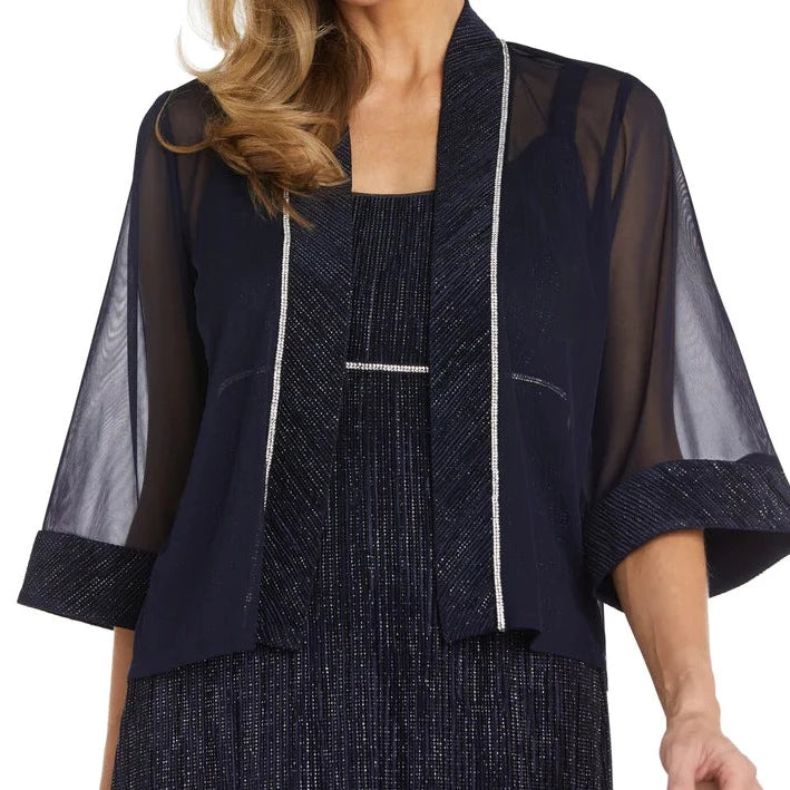 LONG CRINKLED PLEATED JACKET DRESS - NAVY/SILVER