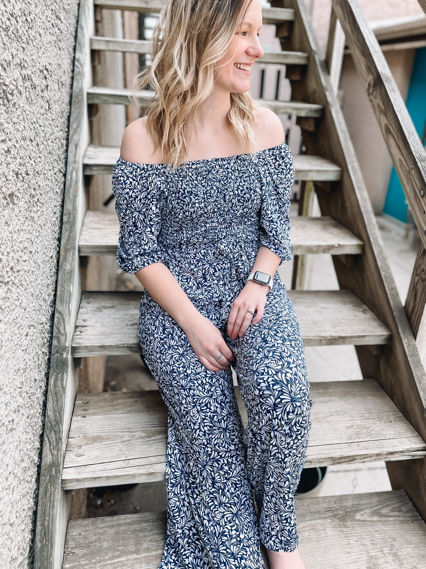 COASTAL VIBES SMOCKED JUMPSUIT - OCEAN BLUE MULTI