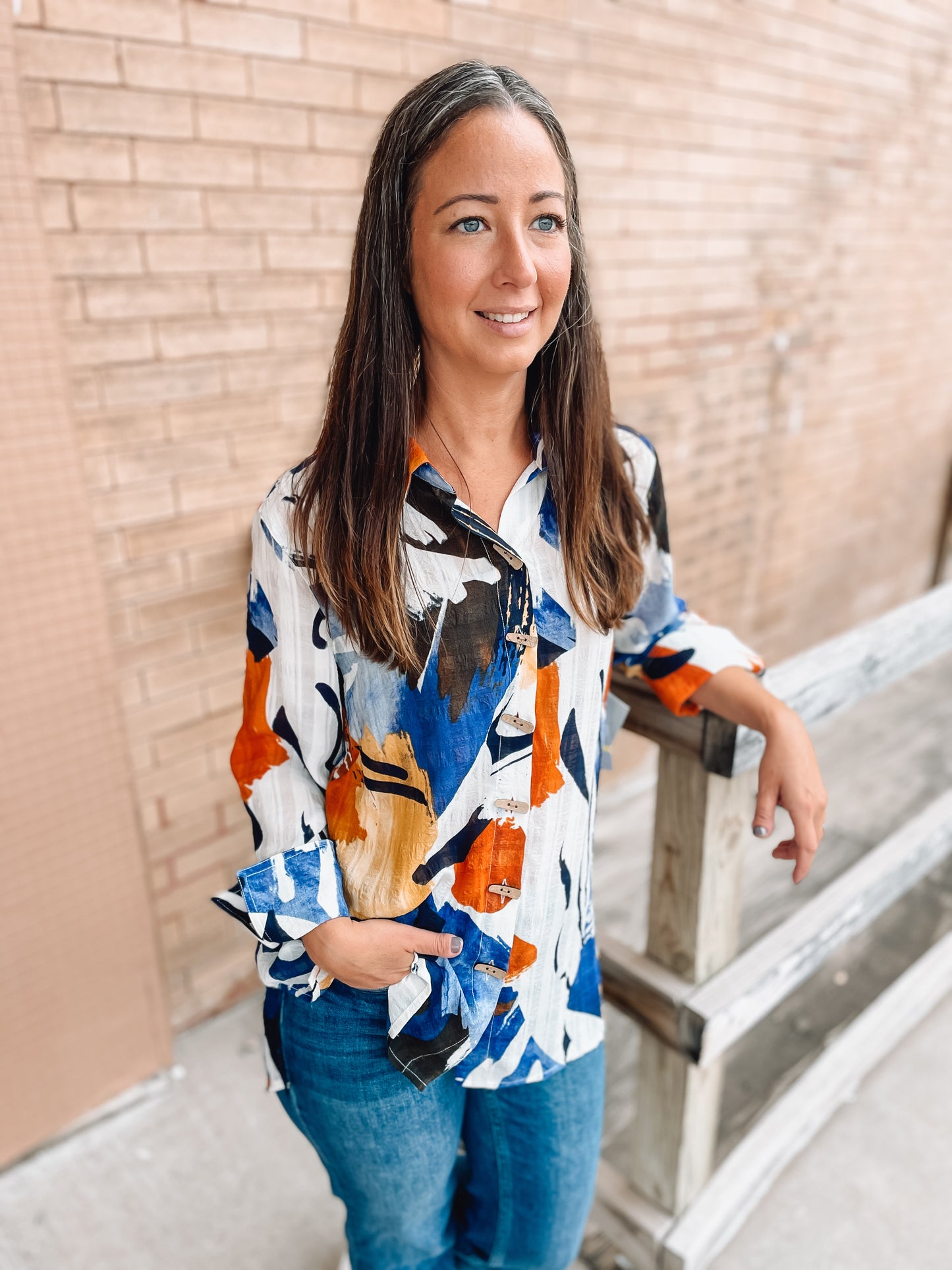 AUTUMN VIBES BUTTON UP BLOUSE - BLUE MULTI