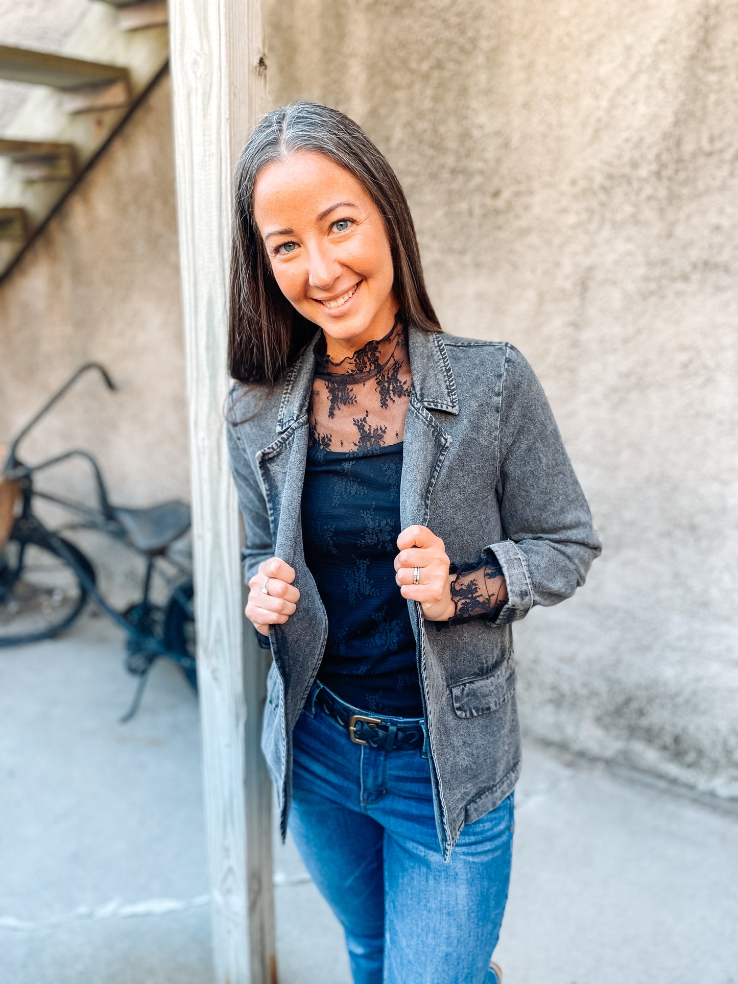 WASHED DENIM BLAZER - BLACK CHARCOAL