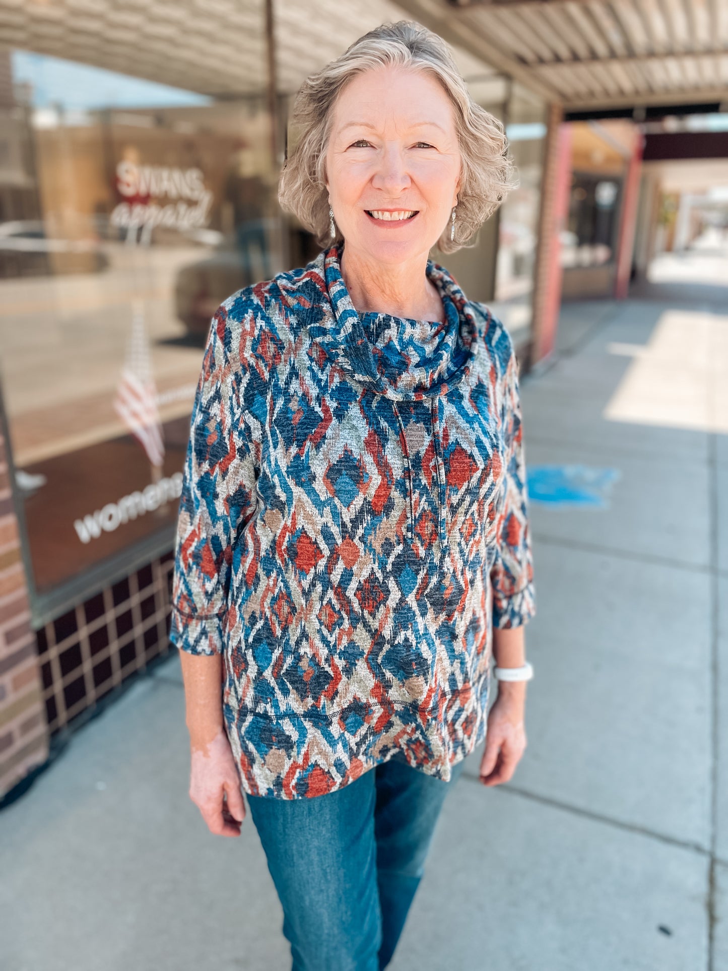 DYAMOND COWL TOP - BLUE/RUST