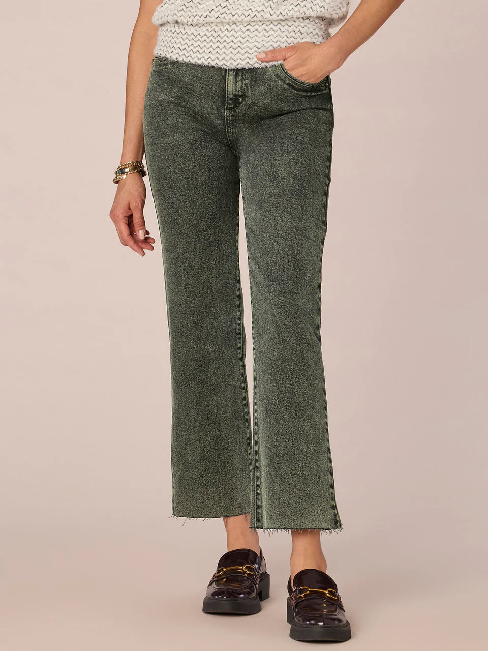 "AB"SOLUTION SKYRISE FRAYED HEM BARELY BOOT JEANS - WASHED EVERGREEN