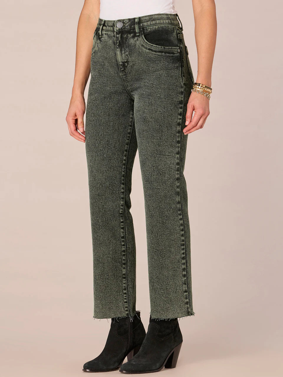 "AB"SOLUTION SKYRISE FRAYED HEM BARELY BOOT JEANS - WASHED EVERGREEN