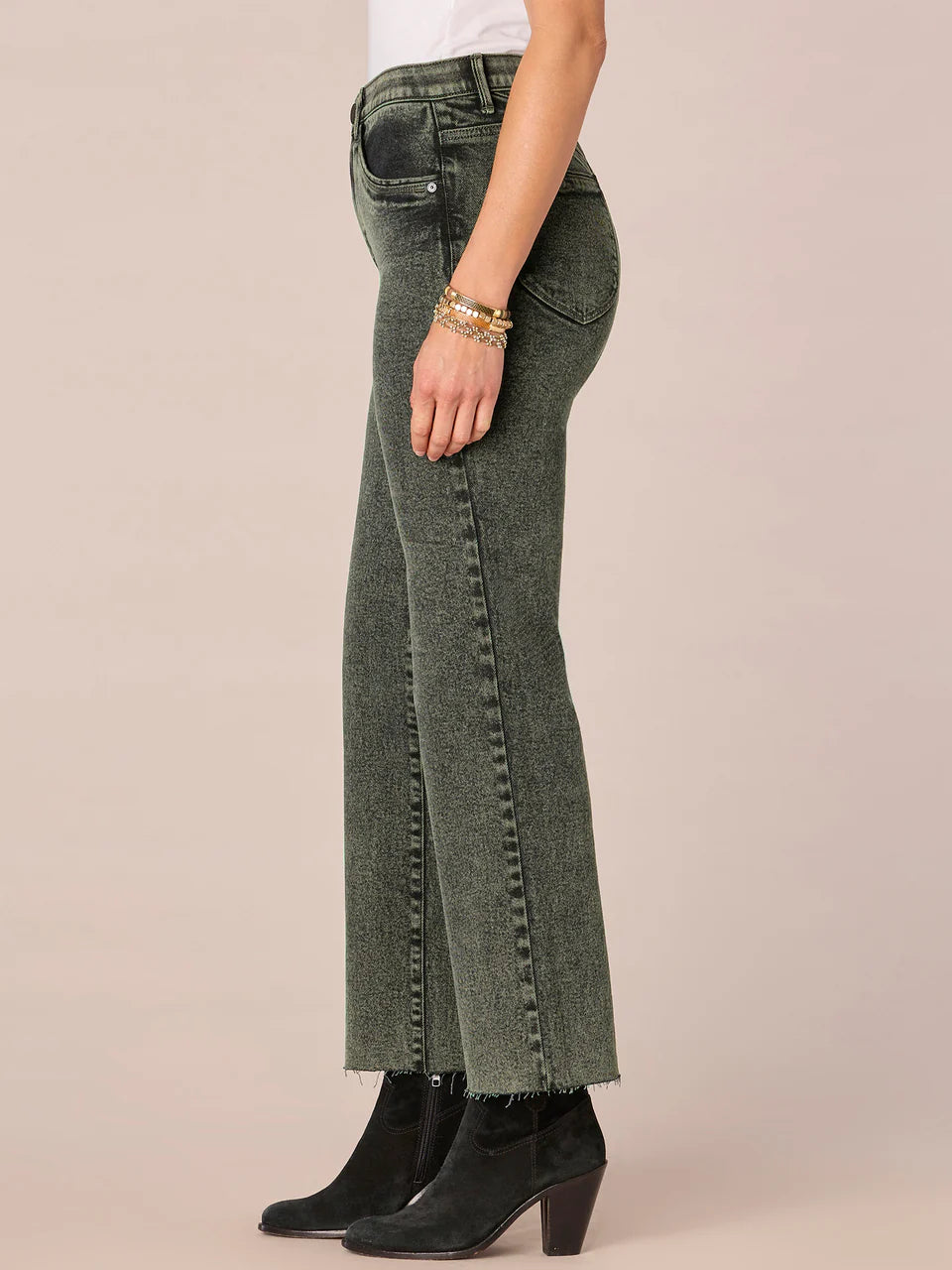 "AB"SOLUTION SKYRISE FRAYED HEM BARELY BOOT JEANS - WASHED EVERGREEN