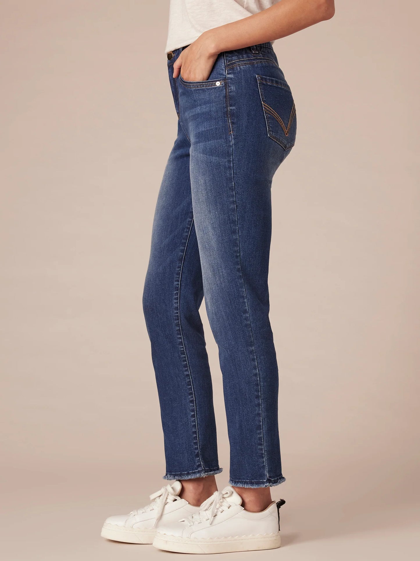 "AB"SOLUTION HIGH RISE CASCADING EMBROIDERED "D" SLIM STRAIGHT JEAN