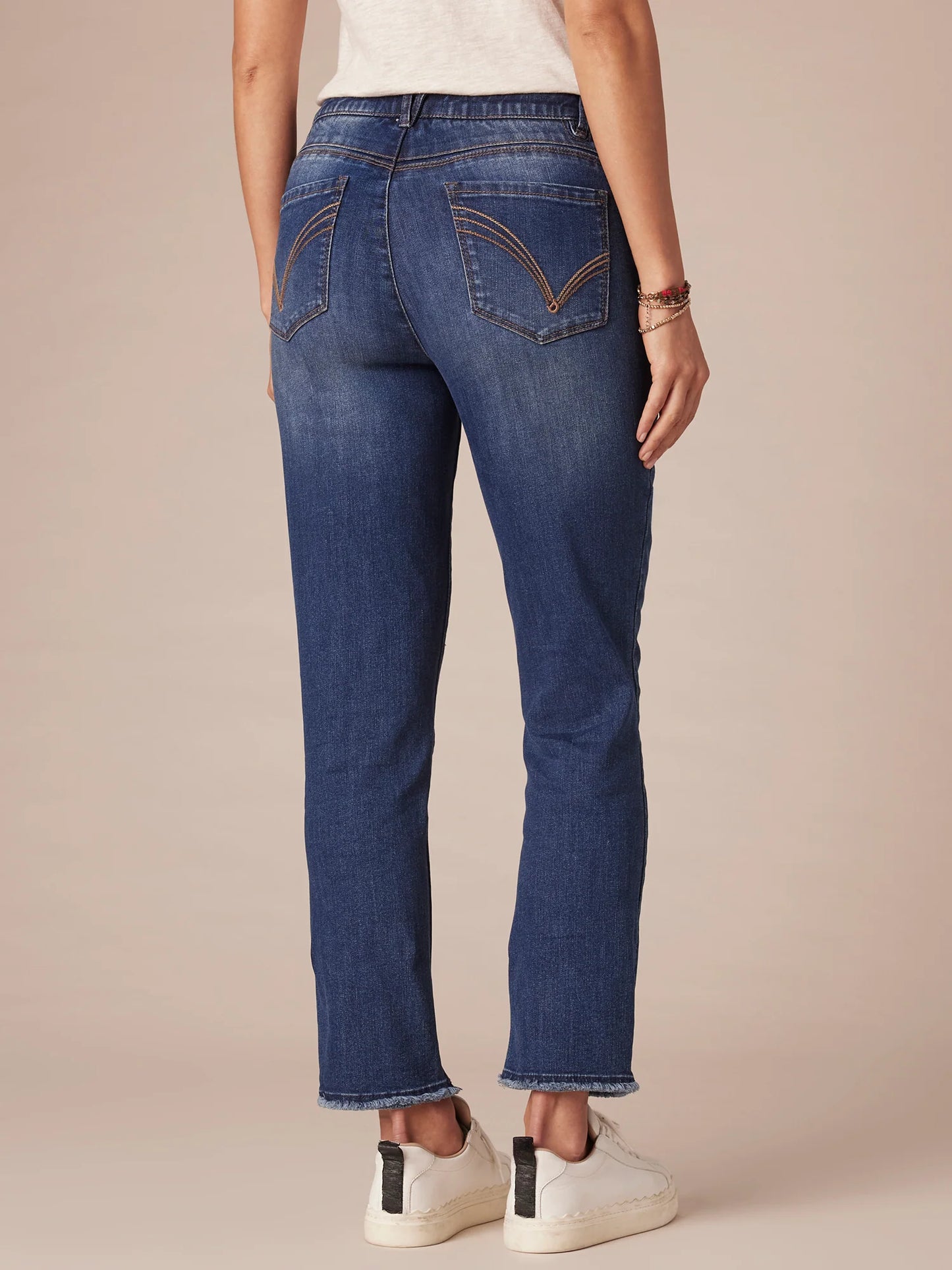 "AB"SOLUTION HIGH RISE CASCADING EMBROIDERED "D" SLIM STRAIGHT JEAN