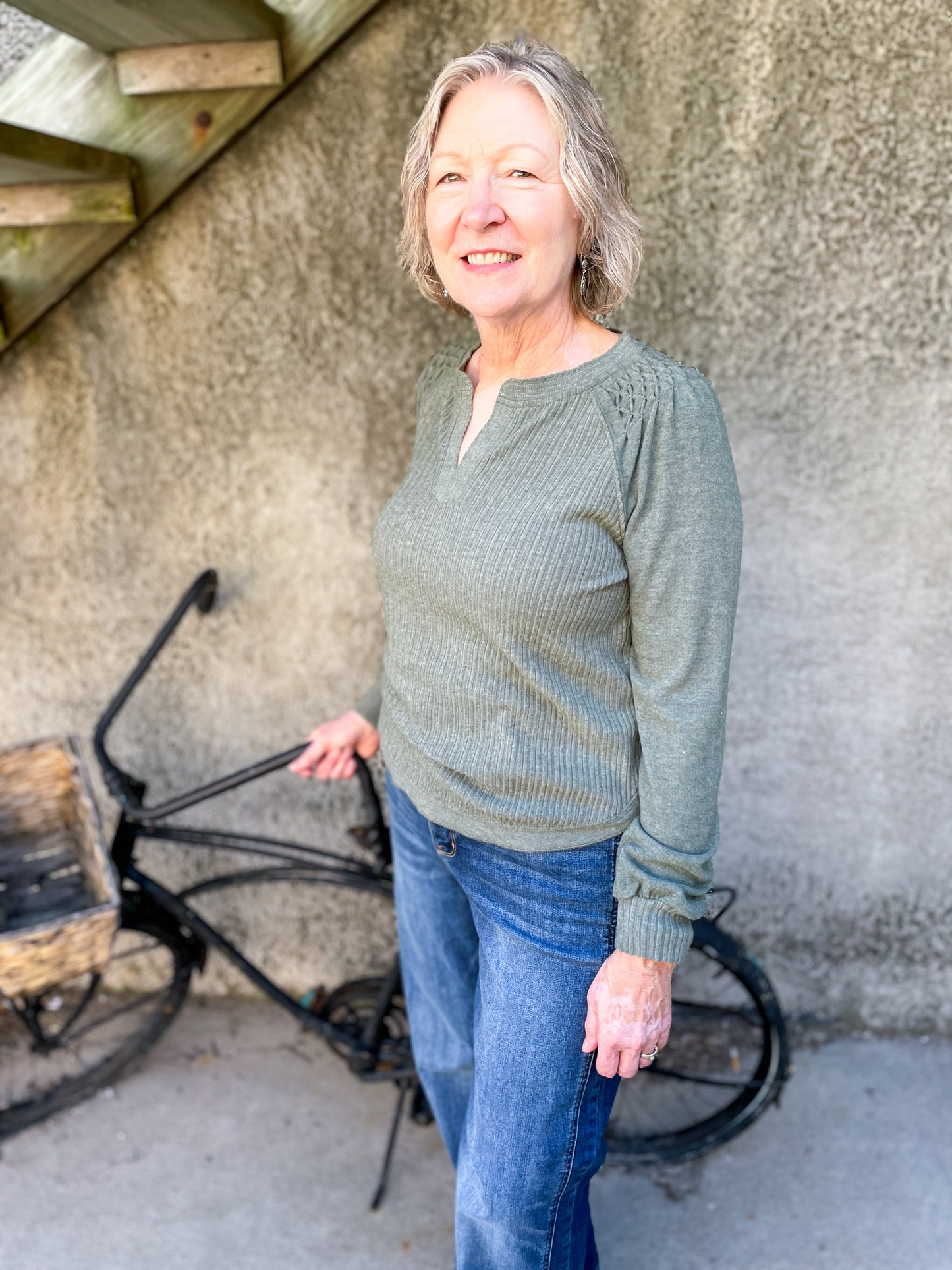 MIXED MEDIA TEXTURED TOP - HEATHER OLIVE