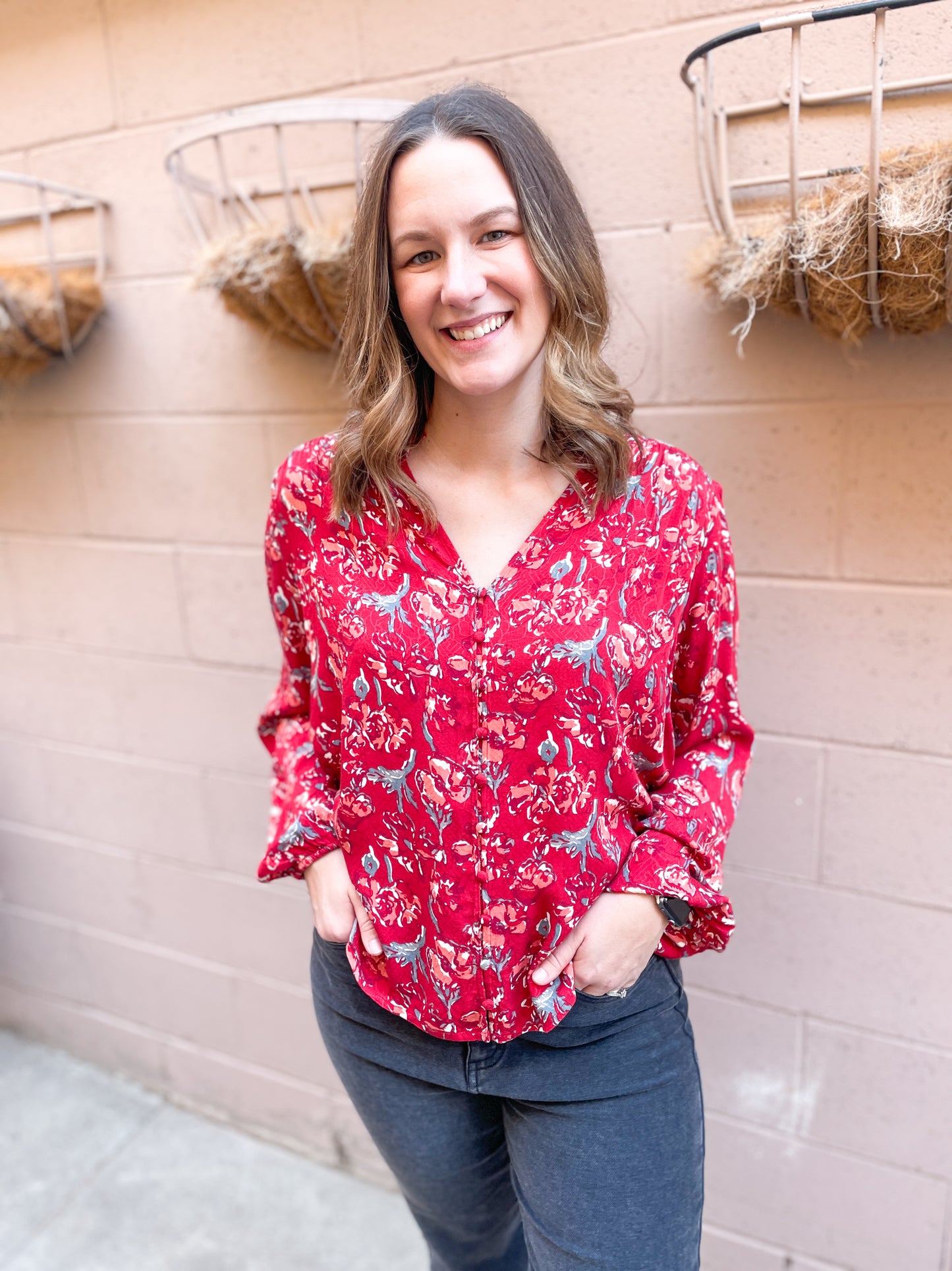 TRIBAL FLORAL BUTTON DOWN BLOUSE - SCARLET