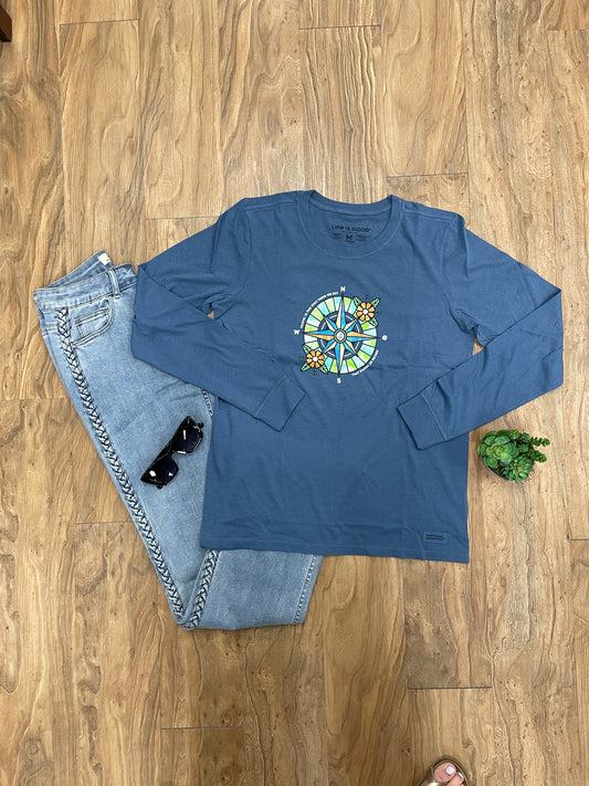 LIFE IS GOOD FLORAL COMPASS TEE - VINTAGE BLUE