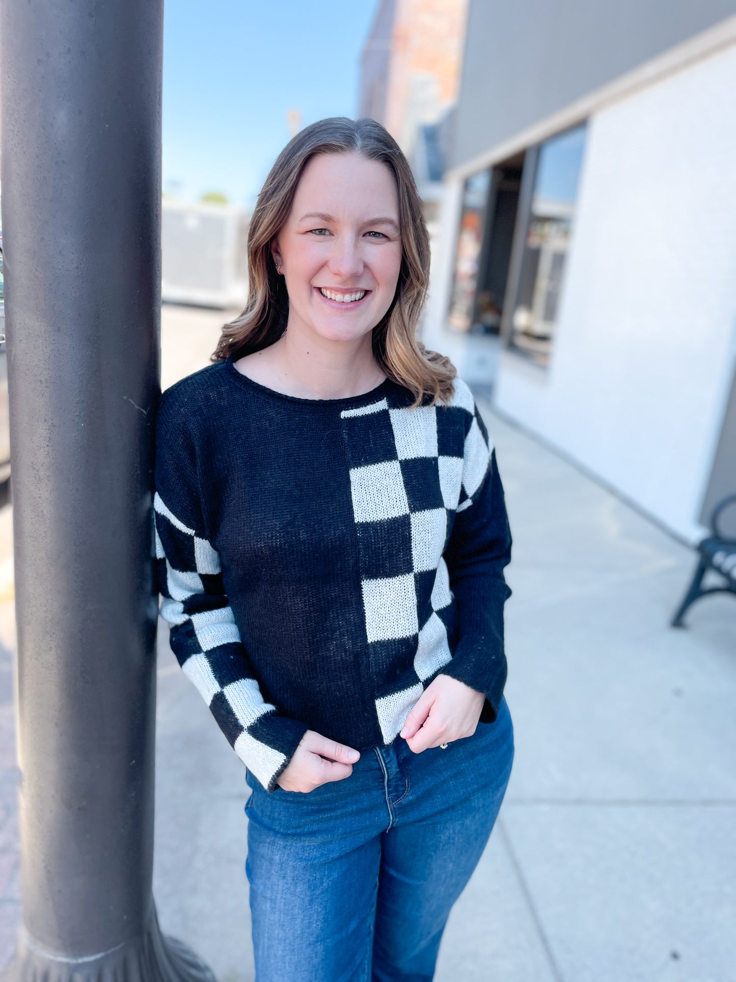 COLORBLOCK CHECKERED SWEATER - BLACK/GREY