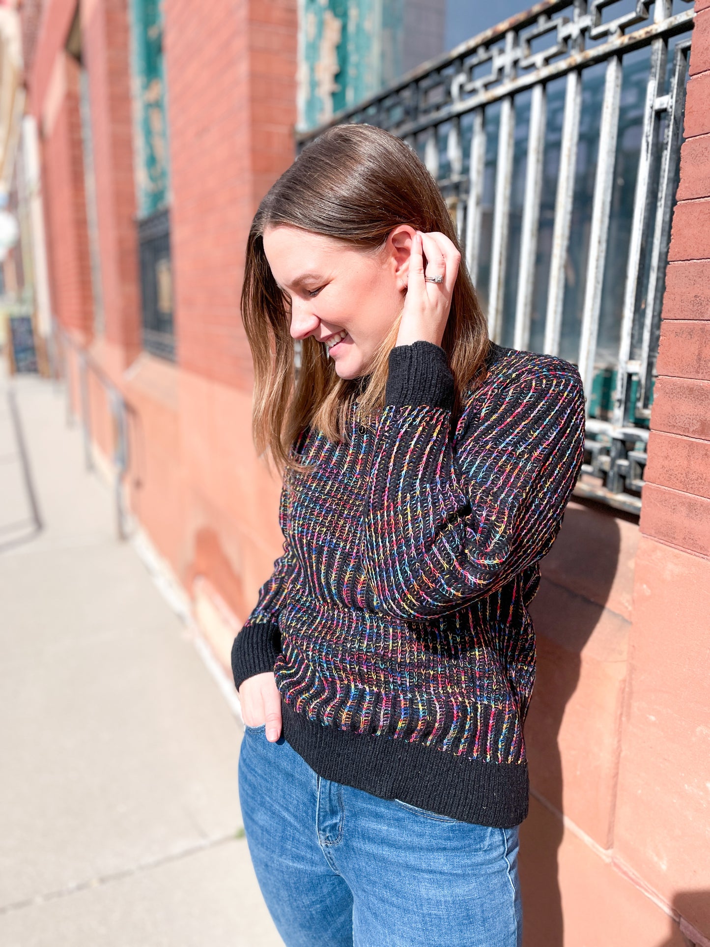 RAINBOW CREW SWEATER - BLACK MULTI