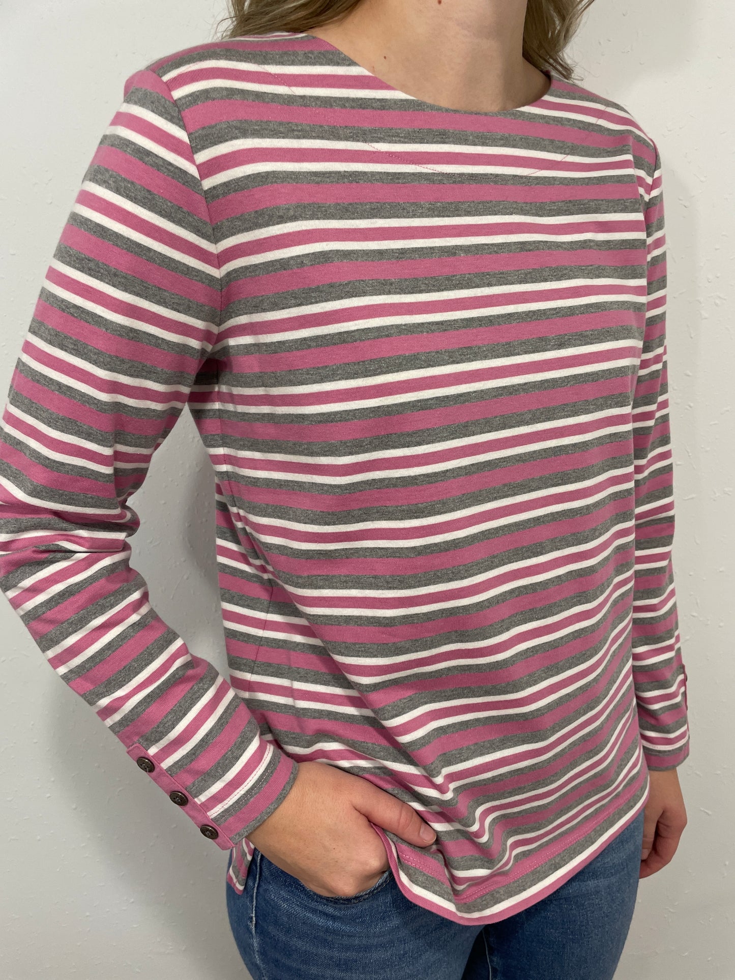 STRIPED BOAT NECK TOP - GREY/PINK/WHITE