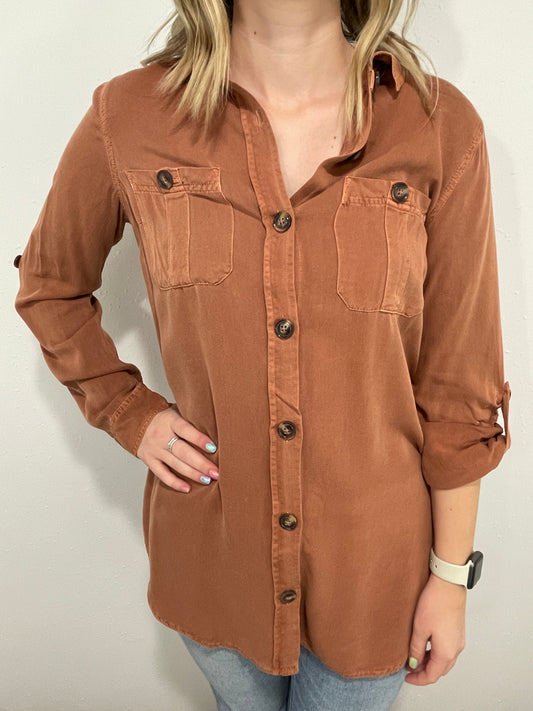 FALL INTO YOU BUTTON UP BLOUSE - CINNAMON