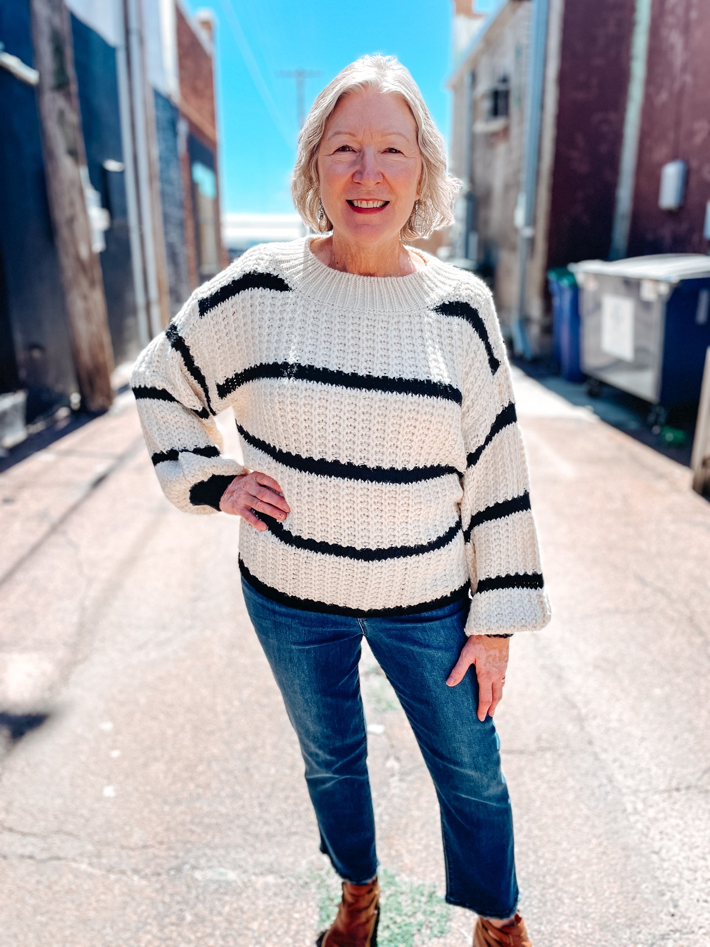 MOCK NECK STRIPED SWEATER - IVORY/BLACK