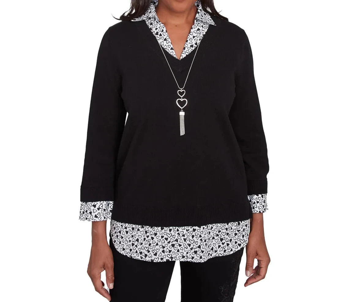 HEART TRIM 2-IN-1 SWEATER - BLACK/WHITE