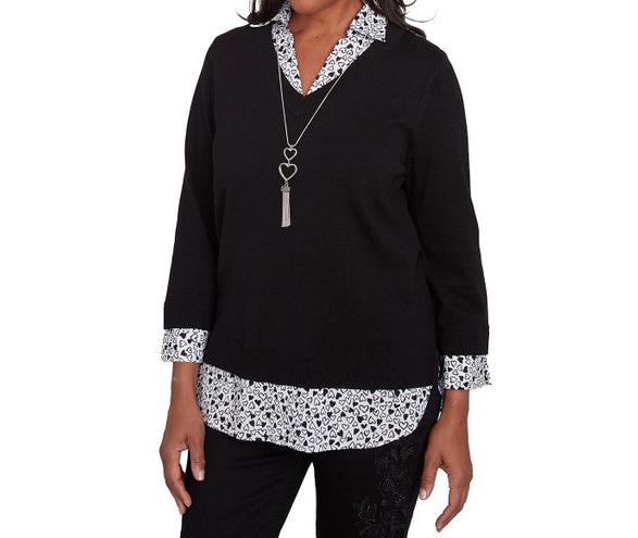 HEART TRIM 2-IN-1 SWEATER - BLACK/WHITE