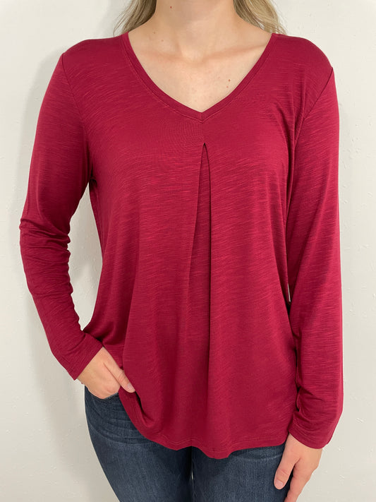 TRIBAL V NECK PLEATED TOP - TRIBETAN RED