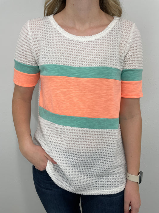 SHERBET SKIES WAFFLE KNIT TEE - WHITE/ORANGE/MINT