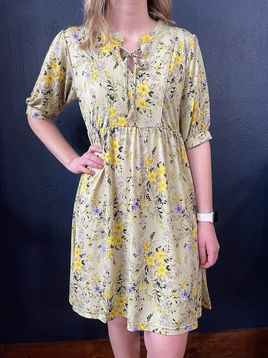 SKYE'S THE LIMIT FLORAL VIBES DRESS - SAGE/YELLOW/LILAC