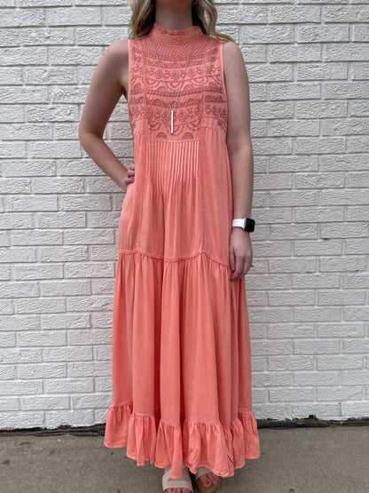 GIVEN KALE EMBROIDERED MAXI DRESS - CORAL